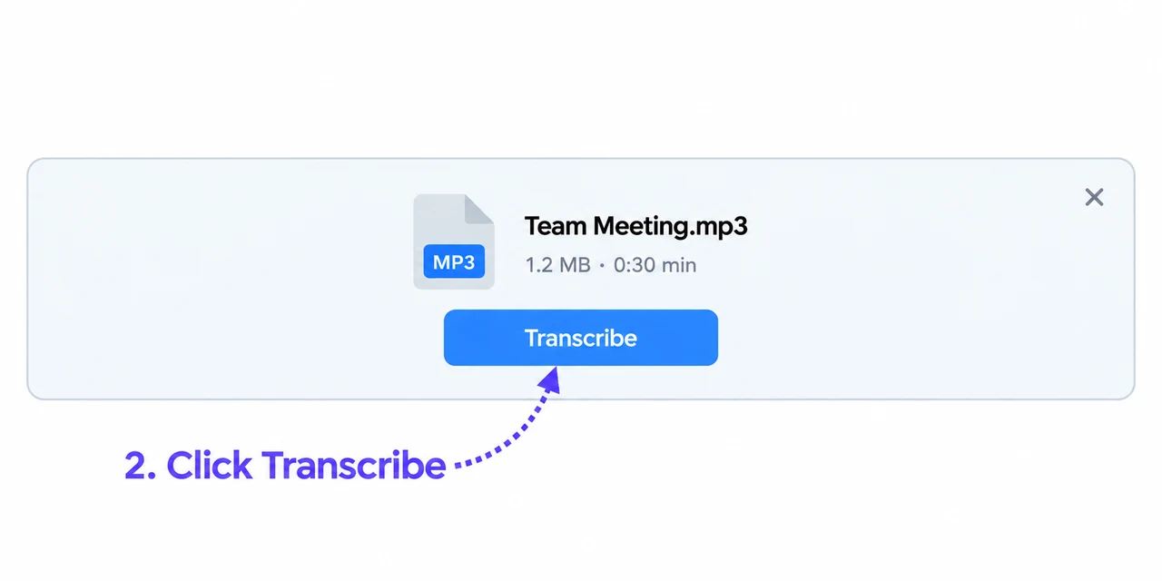 The selected audio file with the Transcribe button highlighted.