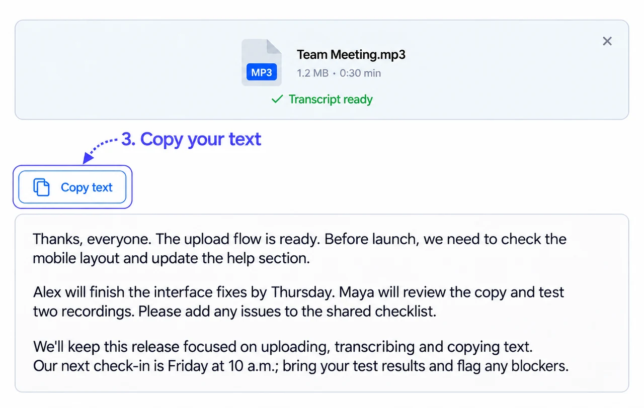 Illustrated web demo result with the Copy text button highlighted above the transcript.
