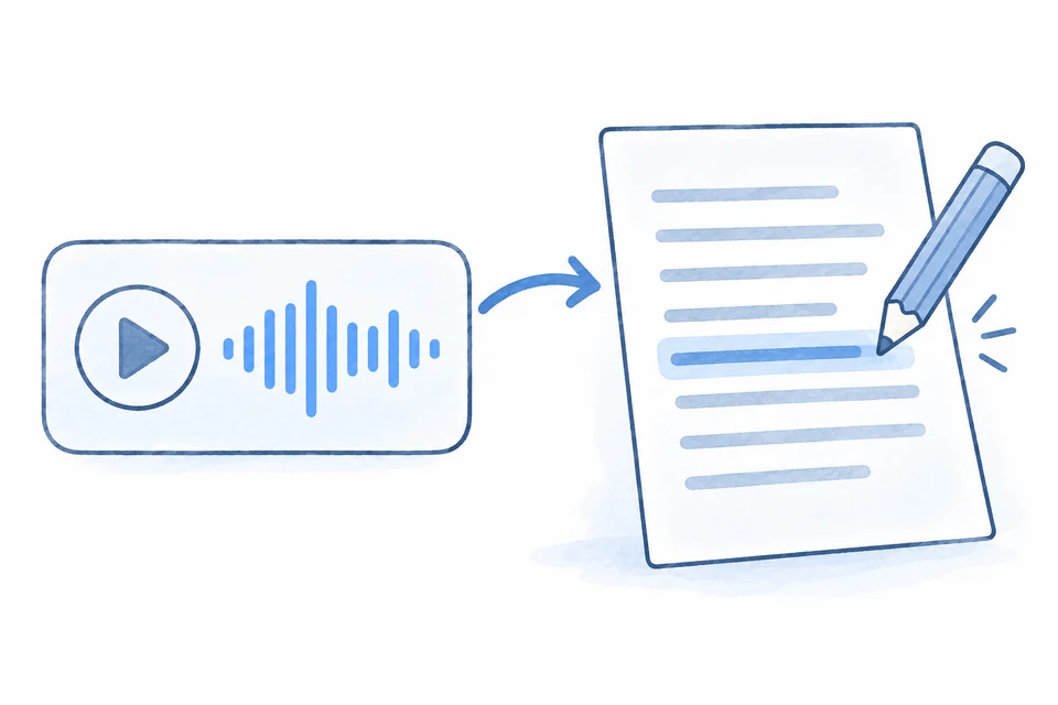 An audio recording becomes a text draft, with a pencil highlighting the review step.