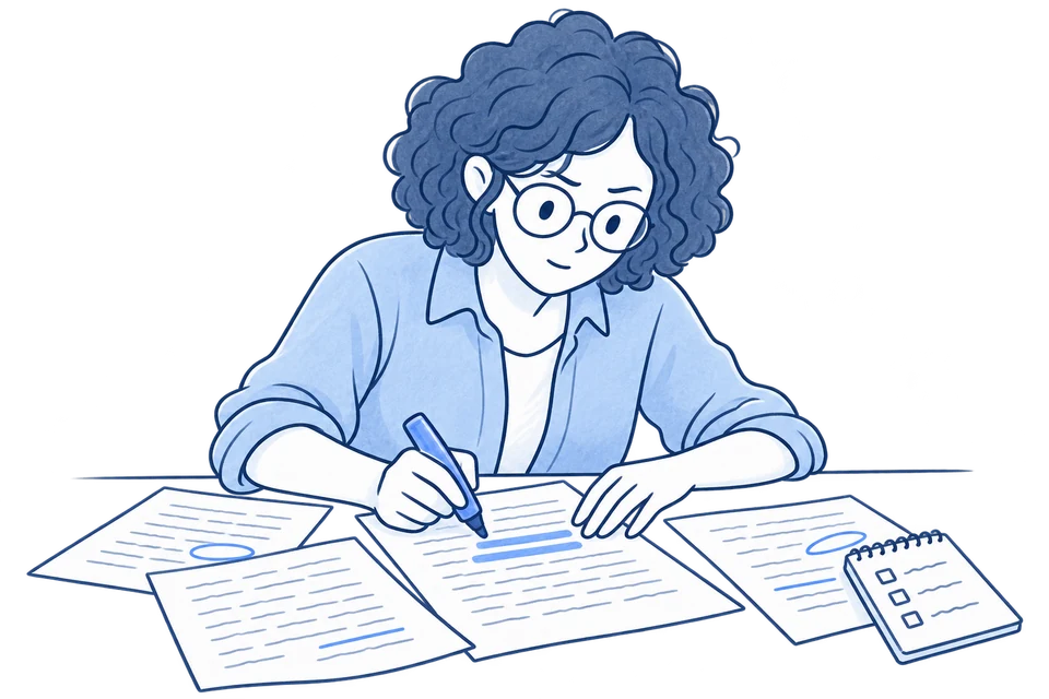 A curly-haired woman carefully highlighting key points in a printed meeting transcript.
