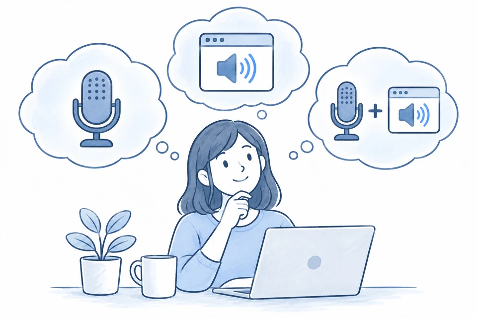 A woman choosing what to record: her microphone, tab audio, or both together.